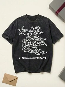 Thorn Flame Face Graphic Tee Unisex Couple Matching Boyfriend Style Hell Star Y2K Grunge Aesthetic Star Logo Print Acid Washed Cotton Graphic Tees Men Oversized T Shirt Summer Outfits Camisetas Para Hombre - 黑色 - 查看 1