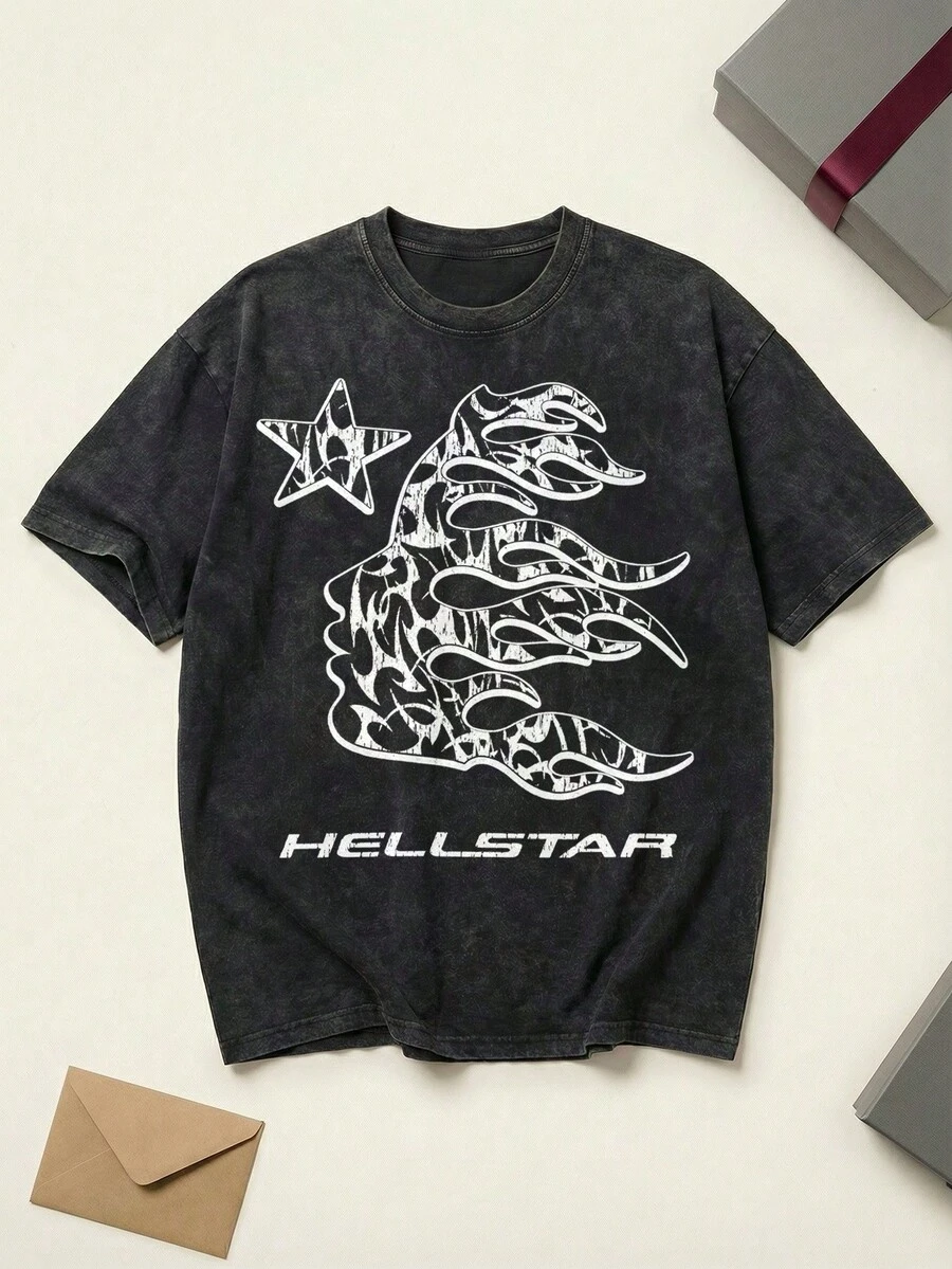 Thorn Flame Face Graphic Tee Unisex Couple Matching Boyfriend Style Hell Star Y2K Grunge Aesthetic Star Logo Print Acid Washed Cotton Graphic Tees Men Oversized T Shirt Summer Outfits Camisetas Para Hombre - 黑色 - 查看 1