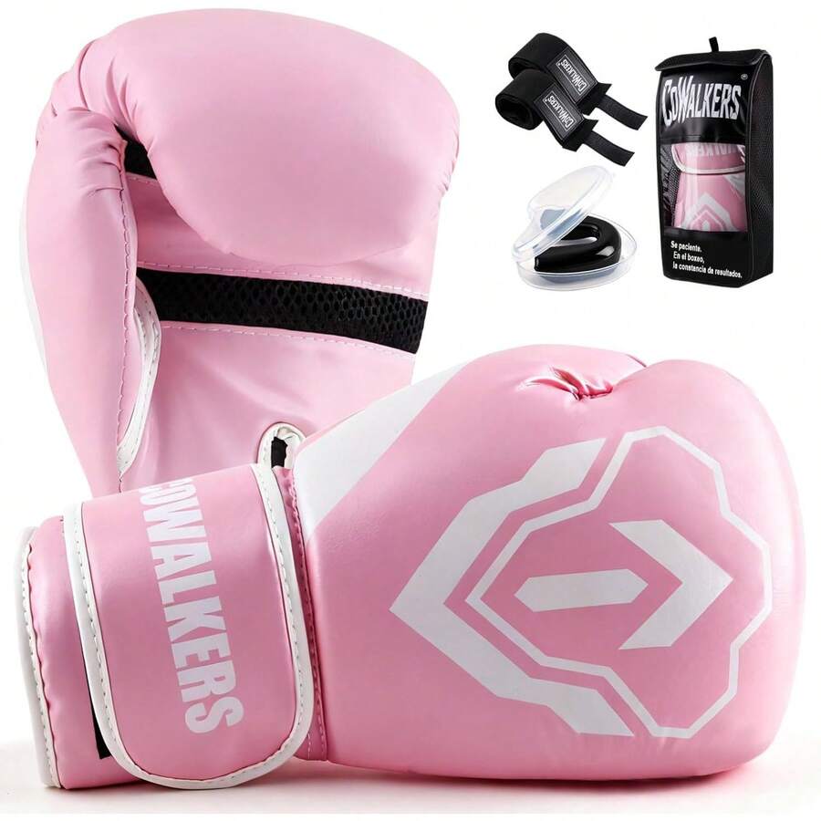 Guantes de Boxeo para Hombre y Mujer 8-18 oz -Guantes de Box con Protector Bucal MMA y Vendas y Bolsa de Almacenaje - Alta Absorción de Impactos para Entrenamiento, Sparring - Rosa - Ver 1