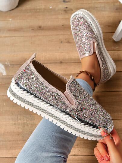 大码亮片休闲女鞋，2025春季新款，舒适厚底，欧美风格鞋款