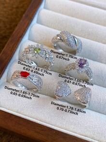 5件套奢华几何心形和花朵设计锆石镶嵌铜戒指套装,适合女士婚礼、节日、派对、搭配晚礼服(不含礼盒) - 銀色 - 查看 8