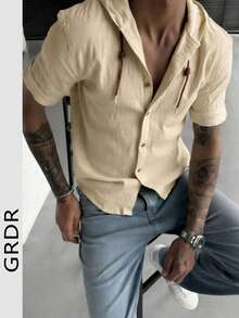 GRDR 男士休闲连帽短袖衬衫 | 精致设计 | 夏季必备 | 时尚百搭，展现您的风格 - 杏色 - 查看 1