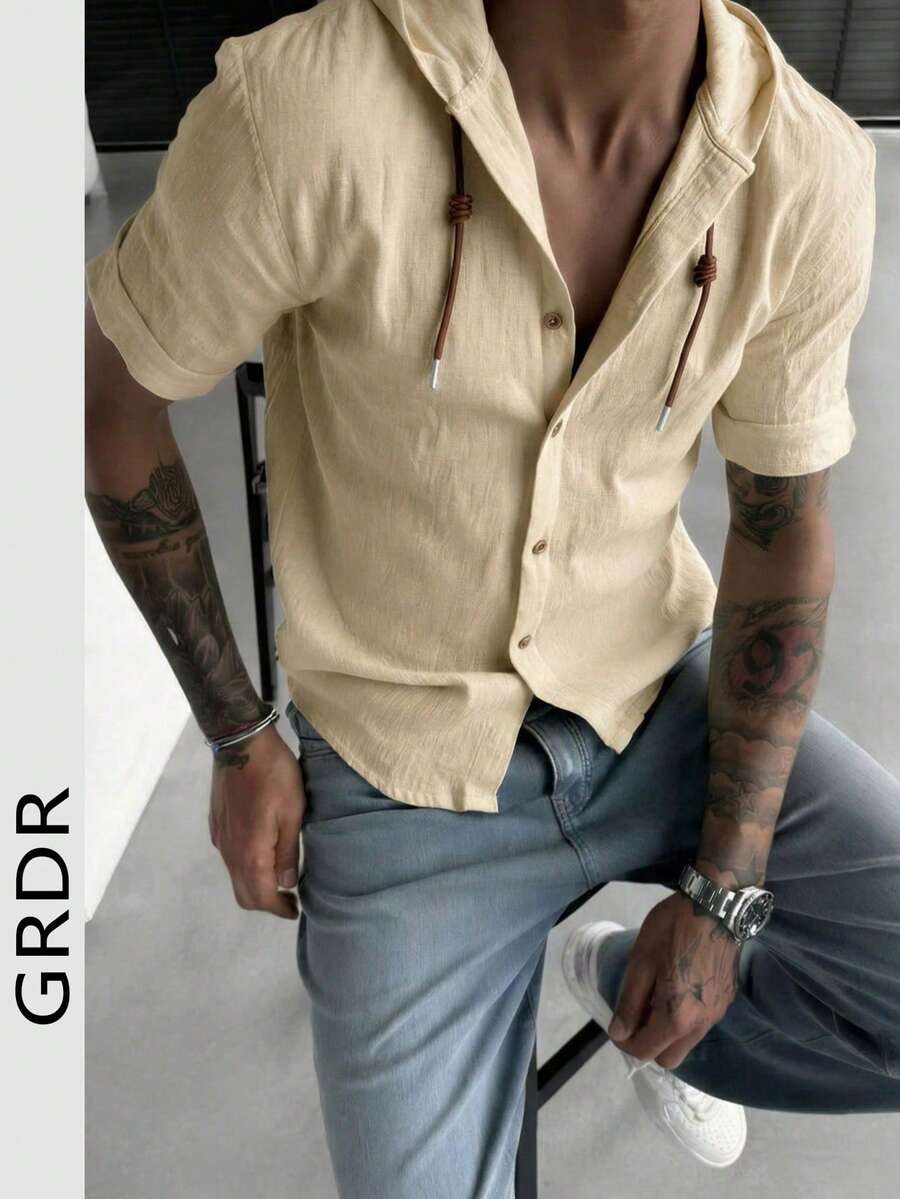 GRDR 男士休闲连帽短袖衬衫 | 精致设计 | 夏季必备 | 时尚百搭，展现您的风格 - 杏色 - 查看 1