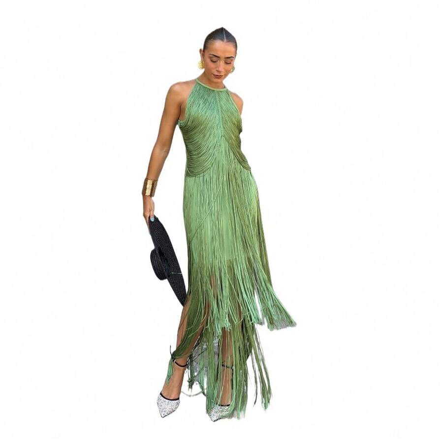 Party Party Temperament Neck Fringed Long Dress Dress Dress - 綠色 - 查看 1
