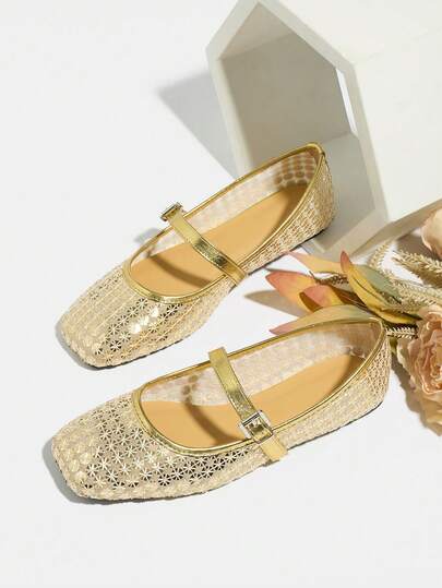 Plus Size Hollow Mesh Shoes, 2026 New Summer Sequin Glitter Strap Buckle Fashion Party & Daily Wear Gold Square Toe Flat Mary Jane Shoes