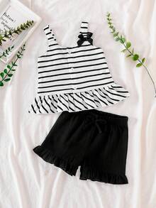 2 Stück Baby Mädchen gestreiftes Schleifendekor Top und schwarze Spitzenbesatz Shorts Set, Frühling/Sommer - Schwarz und Weiss - Übersicht 1