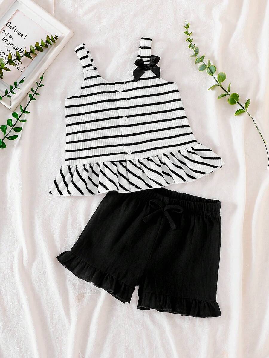 2 Stück Baby Mädchen gestreiftes Schleifendekor Top und schwarze Spitzenbesatz Shorts Set, Frühling/Sommer - Schwarz und Weiss - Übersicht 1