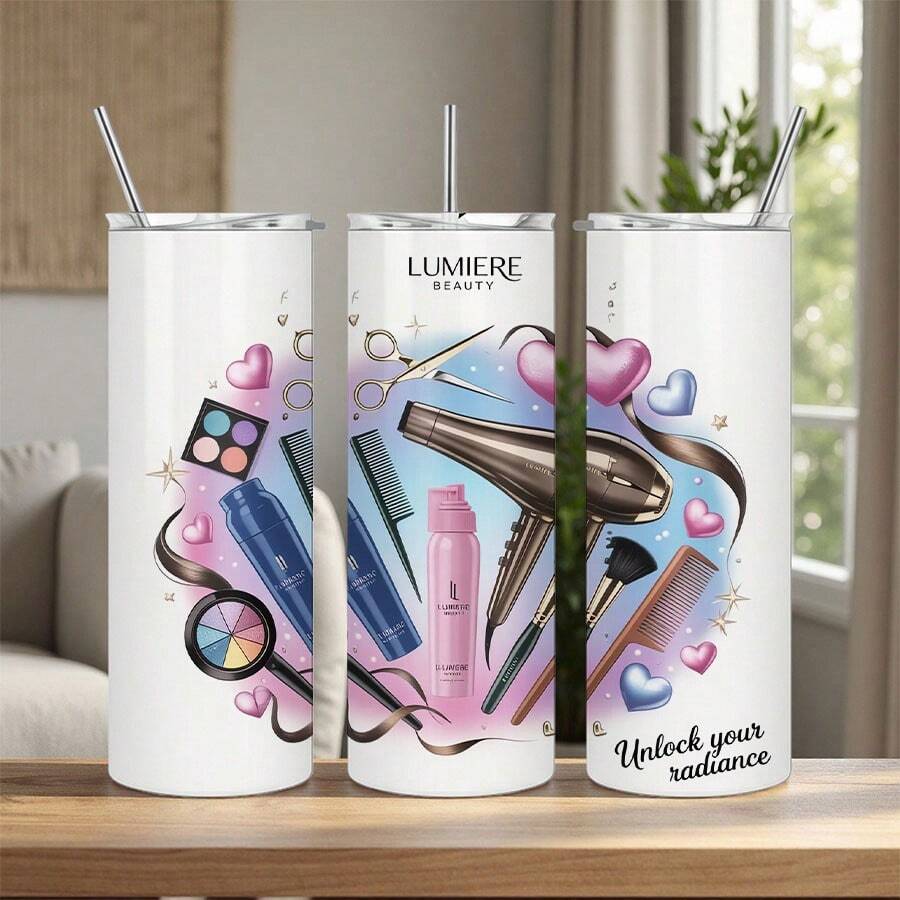 20oz Insulated Stainless Steel Tumbler With Straw, Heart Print, 304 Stainless Steel, Keeps Drinks Hot Or Cold, Ideal For Home, Travel And Outdoor Use, A Thoughtful Gift For Mom, As A Birthday Gift - 1pc - 查看 1