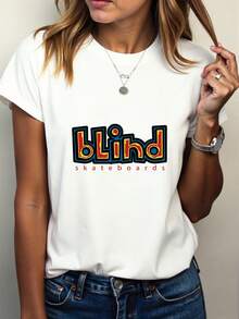 Women's Casual Short Sleeve T-Shirt - Soft And Breathable Polyester Blend, Quick Dry, Loose Fit, Bold 'Blind' Letter Print, Machine Washable, Suitable For Daily Outdoor Wear, Summer Clothes, Graphic Top, Lightweight Streetwear, Fashion Printed T-Shirt - 白色 - 查看 3
