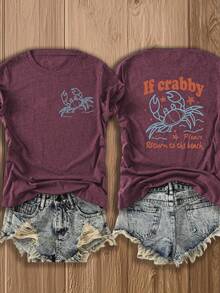 Double-Sided Printing, Ladies' T-Shirts, Ladies' -Blend T-Shirts, Independence Day, Gifts-Crabby Crab Print T-Shirt - Fun & Quirky Beach-Themed Design For Summer Outfits, Perfect For Vacation Wear And Coastal Lovers - 紫色 - 查看 4