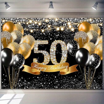 Tło na 50. urodziny – Poliester, czarny i złoty, brokatowy balonik, wzór na obchody 50. urodzin – Wielofunkcyjne tło fotograficzne 70,8 x 90,5 cala do dekoracji wewnątrz i na zewnątrz