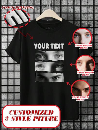 Customized Men's T-Shirt, Using Flocking Technology To Customize Your Slogan, Fuzzy Texture Text Print, Upload Your Own Photos (Partner, Family, Pets, Group Photos) To Design Your Personalized Printed T-Shirt, Customized Workwear, Company Team Building Uniforms, Holiday Outfits, Suitable For Family, Couples, Parent-Child, Groups, Hoodies Suitable For Family, Couples, Parent-Child, Groups, Men's Short Sleeve