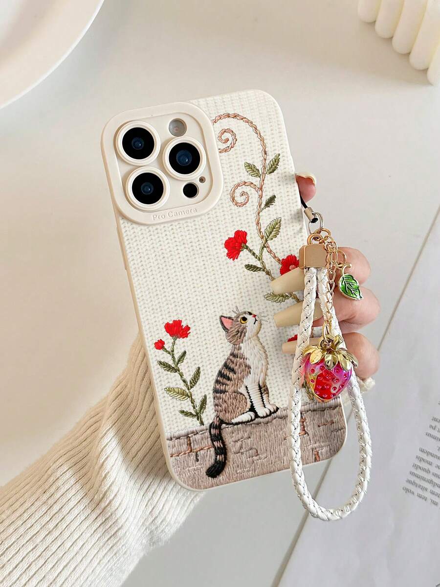 可爱猫咪彩绘镂空米色草莓绳简约时尚创意防摔手机壳，兼容、红米等手机 - 彩色 - 查看 1