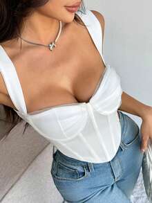 JSE Fashionable Sexy Mesh Sheer Patchwork Contrast Color Boned Bustier Crop Top, Slimming And Versatile - White - View 6