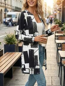 Women's Lightweight Geometric Print Jacket, Long Sleeve, Open Front, Casual/Date/Back To School/Commute, Autumn - Black - View 4