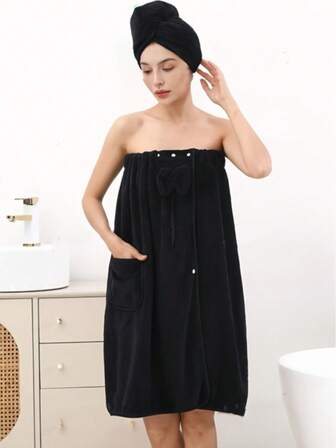 2pcs Women's Soft & Comfortable Bow Decor Bath Robe & Shower Cap Set, Black