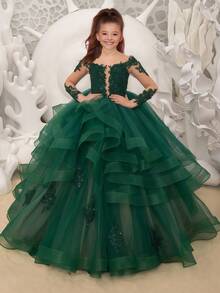 1pc Princess Long Sleeve Flower Girl Dresses Appliques Ruffles Tulle Pageant Dresses For Girls Kids Party Ball Gowns,First Communion Dress,Tween Girls Princess Dress,Birthday,Wedding Or Photoshoot Outfit,Dance Performance Dress,Piano Performance Dress,Perfect For Shows,Birthday Parties,Vacations,Pageant,Prom Dress - 黑色 - 查看 5
