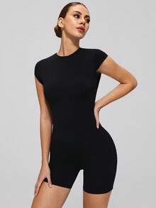 MASKERT Women's Round Neck Short Sleeve Jumpsuit, Backless Slim Fit Design, Suitable For Fitness Yoga Gym Running Training Workout Jumpsuit - Black - View 7