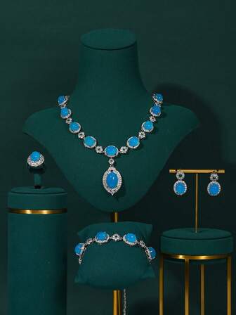 Juego de joyería de circonita blanca de 4 piezas, incluye collar, aretes, anillo y pulsera, adecuado para vestido de novia del Medio Oriente, vestido de noche árabe