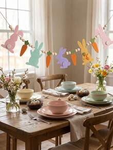 Corona de zanahoria con conejito de Pascua y cuentas de madera, guirnalda adorable de cuentas con conejito, decoración de Pascua colorida, pancarta de primavera estilo granja, decoración colgante de lavanda, adecuada para chimenea, ventanas e interior/exterior, decoración de chimenea de varios niveles - Multicolor - Ver 9