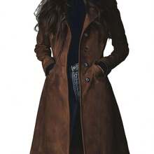 High Quality Women's Clothing Autumn And Winter Coat Lapel Imitation Suede Velvet Long Trench Coat Outerwear Fashion All-Match - 深棕色 - 查看 5