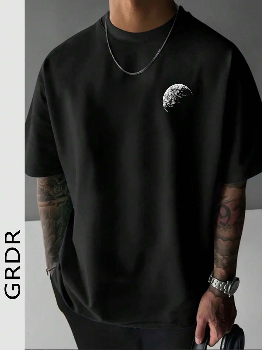 GRDR 男士夏季美式印花圆领短袖T恤，舒适时尚 - 黑色 - 查看 1
