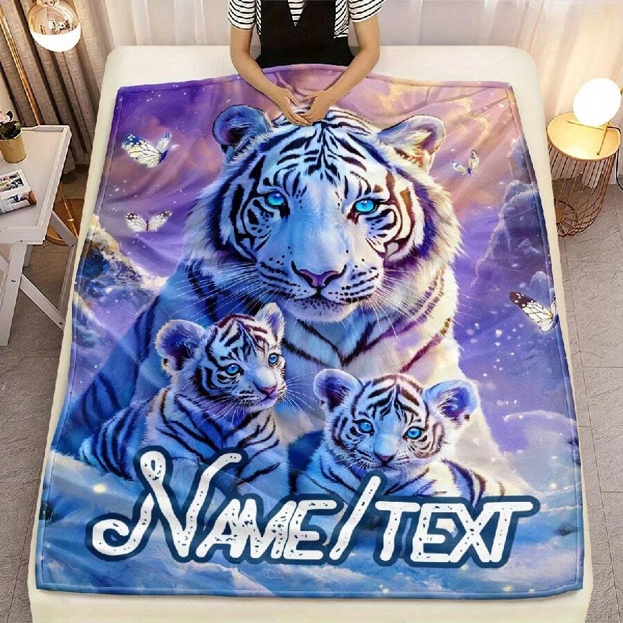 1pc Personalized Custom Name Tiger Flannel Blanket, With A Majestic White Tiger Design, Is Suitable For Family Trips, Camping - 白色 - 查看 1