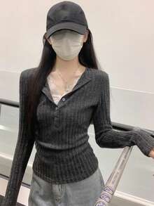 Lace Trim Button 2 In 1 Fitted Brushed T-Shirt Top - Grey - View 5