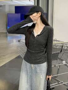 Lace Trim Button 2 In 1 Fitted Brushed T-Shirt Top - Grey - View 8