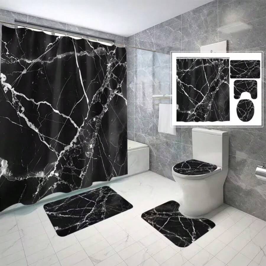 1/4 Piece Waterproof Black Marble Pattern Polyester Shower Curtain Set With C-Shaped Hooks, Woven Texture, Fashionable Theme, Machine Washable, Includes Hanging Hooks Accessories, Bathroom Decor, Bathroom Accessories - Black Marble - View 1