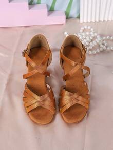 Zapatos de baile latino de tacón bajo para niñas, zapatos de baile de tango salsa de punta abierta antideslizantes, perfectos para actuaciones - Óxido marrón - Ver 5