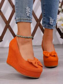 Women's Spring New Suede Bow Tie Wedge Mary Jane Shoes, Platform Thick Sole Fashionable Versatile Shoes - Orange - View 4