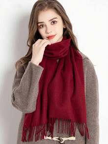 1 pieza Bufanda de color rojo jujube de 30*180cm de imitación de cachemira con flecos, simple y elegante, chal suave para primavera, verano, otoño e invierno, adecuado para salidas diarias, festivales y reuniones - rojo intenso - Ver 21