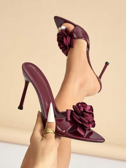 Women's Elegant Sandals, 3D Rose Decor, Classic Mule, Sexy Cinched Waist, Strap Wide Vamp, Pointed Toe, Elegant Stiletto Heel, Suitable For Spring/Summer Fashion, Night Party, Runway, Casual, Outdoor, Travel, Professional, Commute, Slip-On, High-End Quality Mirror Finish, Skin-Friendly Smooth Texture, Mature Allure, Wine Red High Heel Sandals