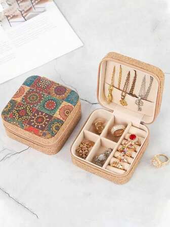 1 st smyckeskrin i vintage-stil i bohemisk konstläder - dragkedja, djurtema, sliten finish, tygfoder, reseförvaringslåda för bord, multifunktionell örhänges-, ring- och halsbandsorganisatör, litet smyckeskrin, bohemiskt mönster, design med flera fack