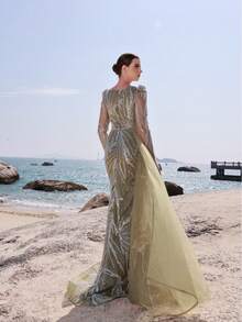 DELLA COUTURE Luxury Heavy-Embellished V-Neck Beaded Olive Green Mermaid Evening Gown With Unique Single-Side Mesh Design, Long Floor-Length Embellished Beaded Heavy-Embellished Evening Gown Ideal For Banquets, Proms, Parties, Weddings And Formal Occasions - Olive Green - View 8