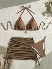 三件套性感纯色比基尼套装，含薄纱罩衫，适合度假、海滩派对、新年和情人节，展现优雅个性，欧美时尚风格，春夏款。