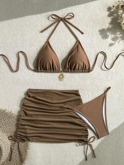 3 PiecesSexy Solid Color Bikini Set With Sheer Cover-Up, Suitable For Vacation, Beach Party, New Year And Valentine's Day, Showcasing Elegance And Personalized, European And American Fashion Style, Spring/Summer