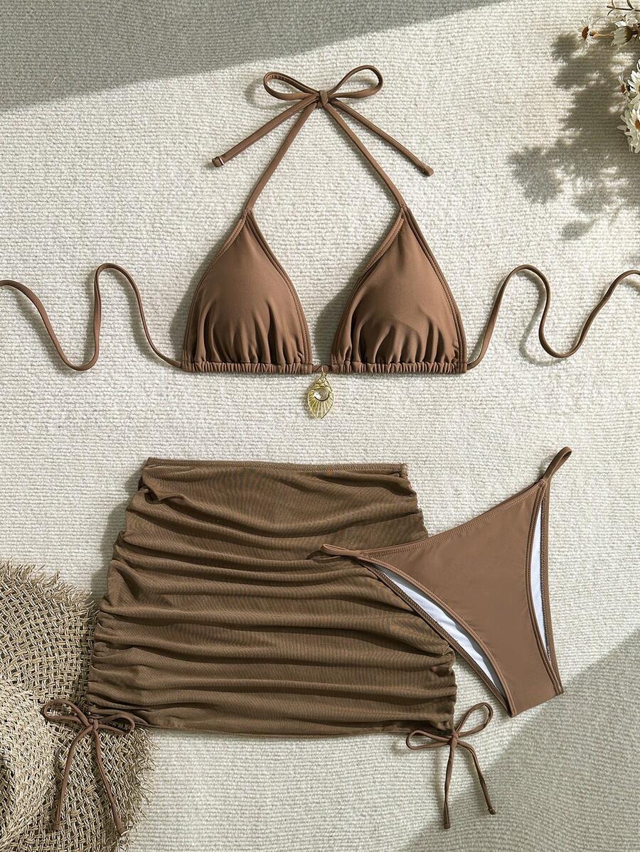 三件套性感纯色比基尼套装，含薄纱罩衫，适合度假、海滩派对、新年和情人节，展现优雅个性，欧美时尚风格，春夏款。