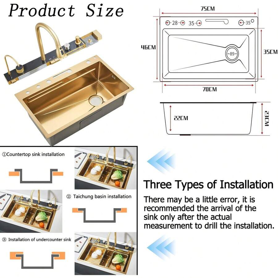 Tarjas Para Cocina Acero Inoxidable Oro cepillado, 75 * * 21cm Fregadero de Cocina coníble Grifo y Accesorios, Fregaderos De Cocina con Dispensador para Baño, Cocina, Bar - Pago 55*45 - Ver 1