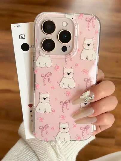 适用于 17、17 Pro Max、17 Air、17、16 Pro Max、16 Pro、16 Plus、16、15 Pro Max、15 Pro、15 Plus、12 Pro Max、12 Pro 的单件蝴蝶结玫瑰小狗手机壳，适合女孩，可赠送给亲戚、朋友、同学、闺蜜等。