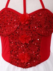 Girls' 3D Floral Halter Neck Waist Beaded Asymmetrical Hem Mesh Dress, Spring/Summer - Red - View 5