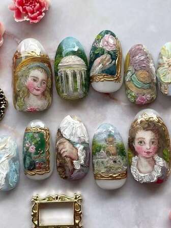 24 st. vintage oljemålningsstil klassisk sagolik lösnaglar, elegant sofistikerad konstnärlig detaljerad nagelkonst, fashionabel konstnärlig litterär graciös fräsch manikyr