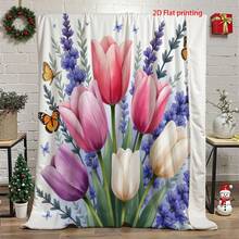 1pc S Flannel Blanket 2D Flat Printing High Definition Printed Blanket Lavender Tulips Pink Purple White Butterflies Floral Watercolor Style Blanket Flannel Blanket, Soft Blanket Nap Blanket, Suitable Sofa Office Bed Camping Travel, Suitable All Seasons MultiPurpose Gift Blanket - As Shown In the Figure - View 2