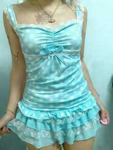 Women's Fairy Grunge Polka Dot Lace Camisole Cute Lace Trim Bow Tank Tops Y2K Ruched Lace Ruffled Hem Cami Tops Sleeveless Slim Fit Crop Tops For Teen Girls Sweet Shirts Summer Vintage Aesthetic Clothes Casual Streetwear - màu xanh nhạt - Xem 1