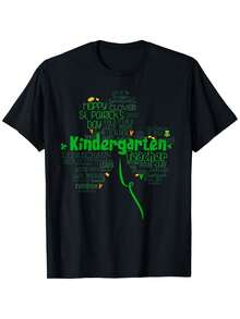 Casual Style] Men's St. Patrick's Day 'Kindergarten' T-Shirt - Cotton, Casual Crew Neck, Irish Shamrock And Four-Leaf Clover Print, Sizes S-XXXL, Black With Green And White Text - 黑色 - 查看 1