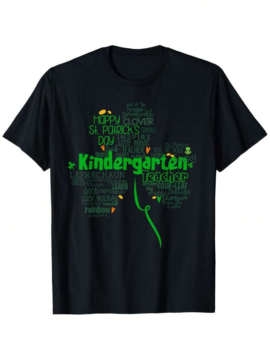Casual Style] Men's St. Patrick's Day 'Kindergarten' T-Shirt - Cotton, Casual Crew Neck, Irish Shamrock And Four-Leaf Clover Print, Sizes S-XXXL, Black With Green And White Text - 黑色 - 查看 1