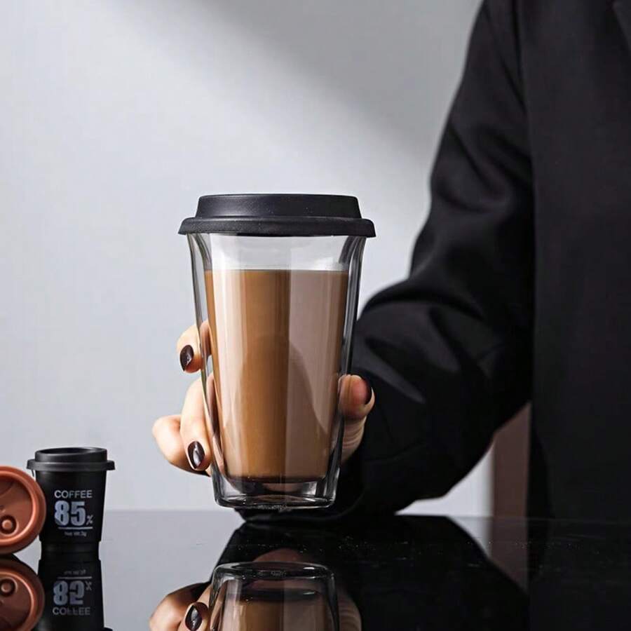 1个350毫升双层玻璃咖啡杯，带硅胶盖，保温/可重复使用，适合早晨饮用 - 咖啡杯 - 查看 1