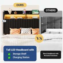 Allewie Full/Queen/King Size Lift Up Hydraulic Storage Bed Frame, 2-Tier Shelf Headboard With LED Lights And Charging Station, USB And Type C Ports, Wingback Velvet Headboard, No Box Spring Needed, Black - 黑色 - 查看 6