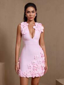 Women's Sleeveless Knit Dress, Elegant 3D Floral Decor And Zipper Details, Suitable For Parties Party Pink Wedding Fall - Pink - View 3